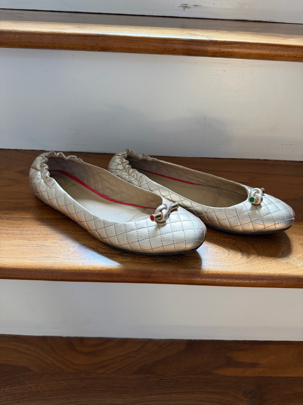 Lilly Pulitzer Quilted Metallic Champagne Ballet Flats with Gem Accents